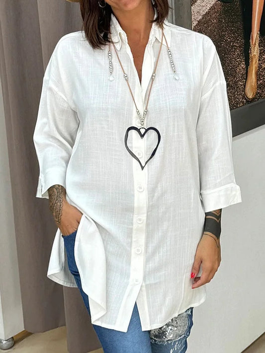 Women's solid color cotton and linen casual shirt