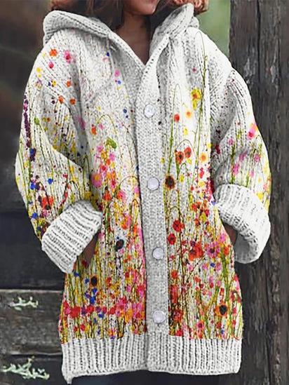 Oil Painting Art Floral Cozy Hooded Cardigan
