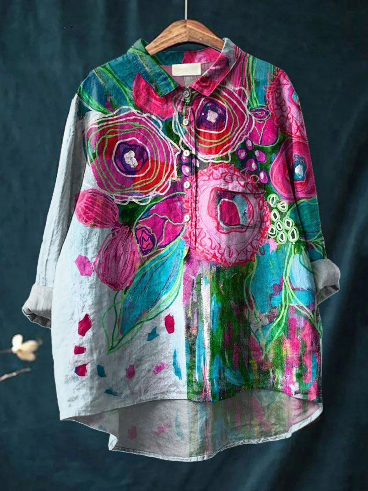 Vintage Lovely Floral Art Print Casual Cotton And Linen Shirt