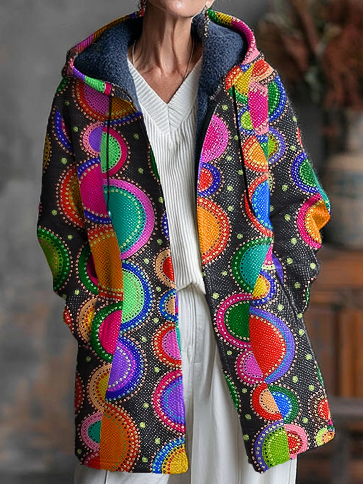 Abstract Colorful Semicircle Painting Art Print Unisex Plush Thick Long-Sleeved Sweater Cardigan Coat