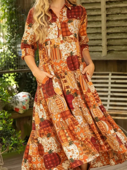 Women's Pumpkin Patchwork Plaid Multi-layered Hem Dress