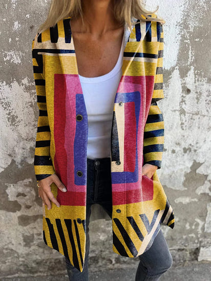 Abstract Art Print Casual Long Sleeve Button Hooded Jacket