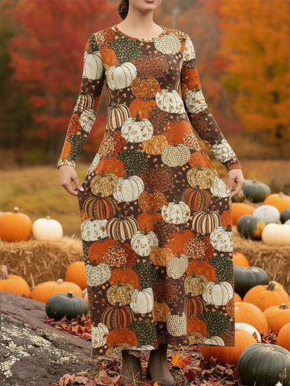 Women's Cute Pumpkin Patchwork Print Stretch Dress