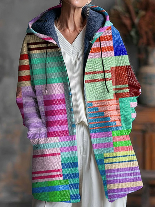 Beautiful Colorful Geometric Check Art Print Unisex Plush Thick Long-Sleeved Sweater Cardigan Coat