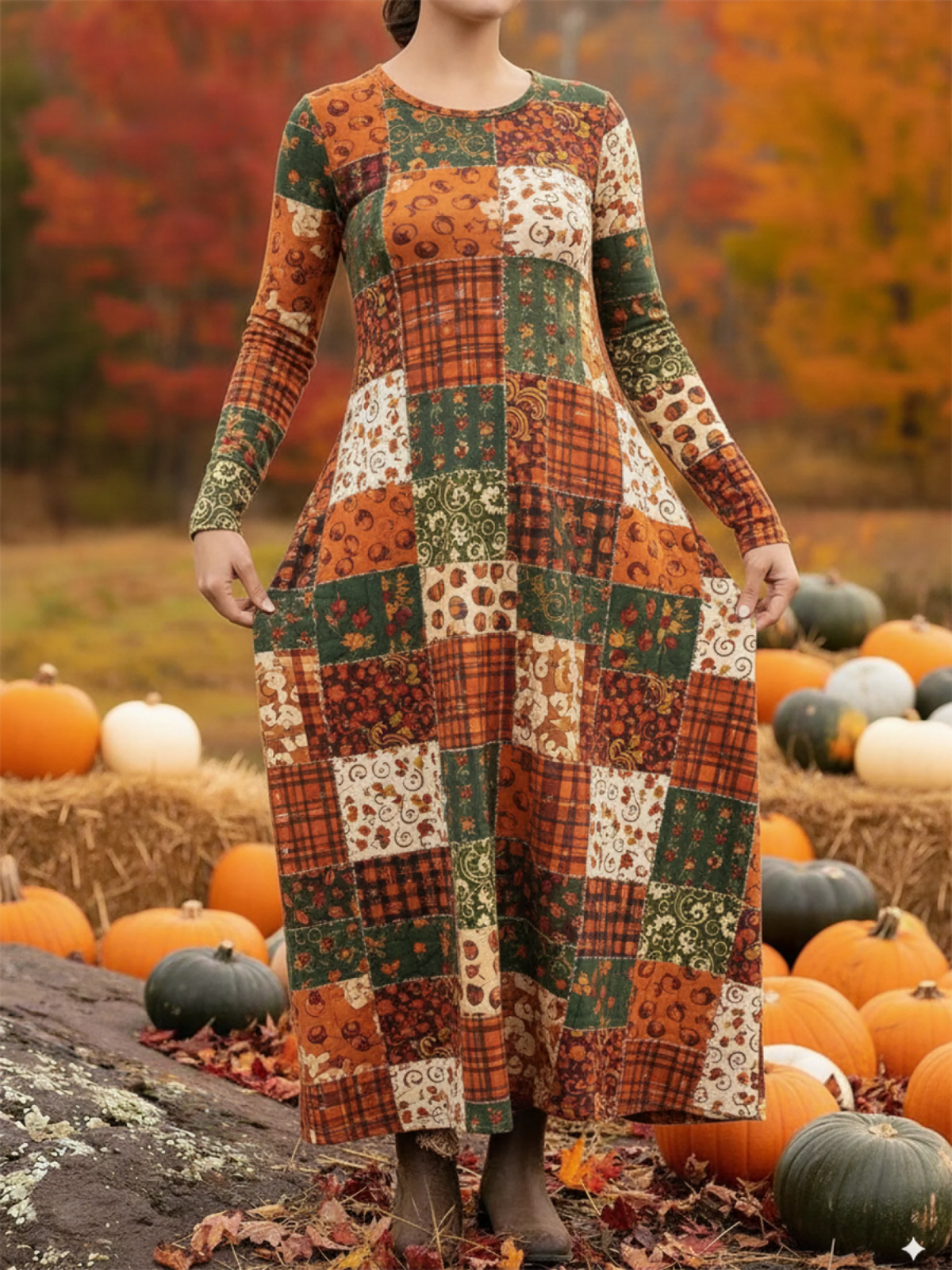 Women's Pumpkin Jigsaw Print Stretch Dress