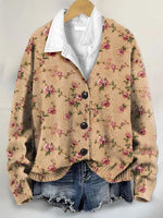 Vintage Foral Art Print Buttoned V-neck Cardigan Sweater