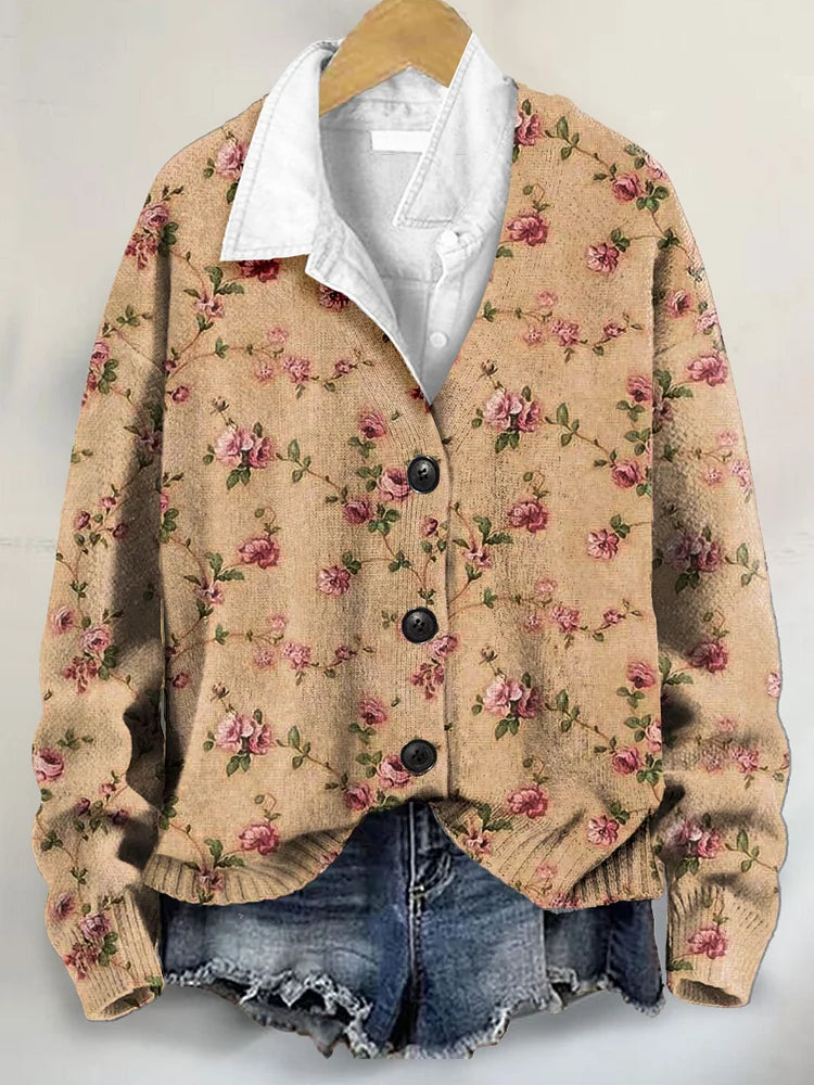 Vintage Foral Art Print Buttoned V-neck Cardigan Sweater