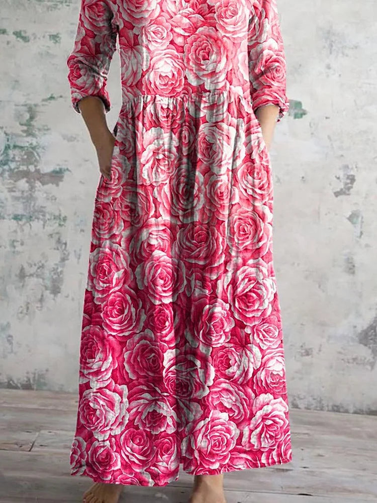 Women's Vintage Floral Art Pattern Printed Casual Cotton Dress