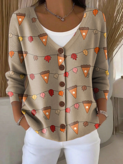 Thanksgiving Maple Leaf Pumpkin Cake Print Buttoned V-neck Cardigan Sweater
