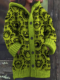Halloween Elements Gothic Pattern Cozy Knit Hooded Cardigan