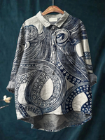 Women's Octopus Art Print Casual Cotton And Linen Shirt