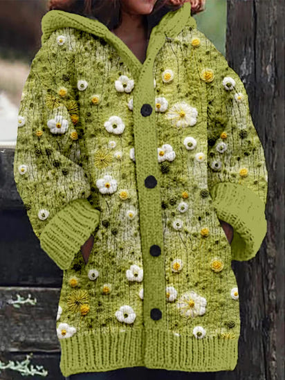 Wildflowers Felt Art Cozy Hooded Cardigan