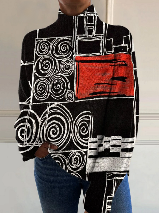Abstract Circle Color Block Art Print Knit Turtleneck Pullover Sweater