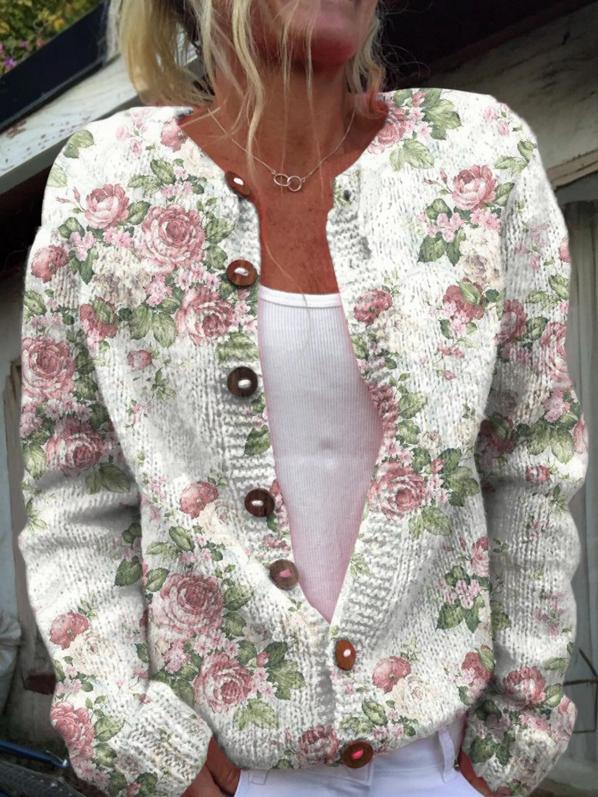 Fresh Pink Roses Print Buttoned Cardigan Sweater