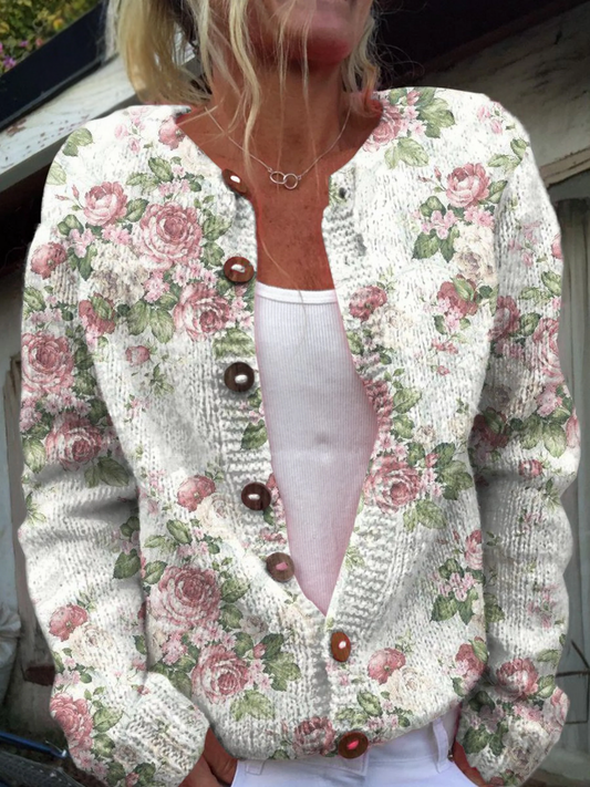 Fresh Pink Roses Print Buttoned Cardigan Sweater