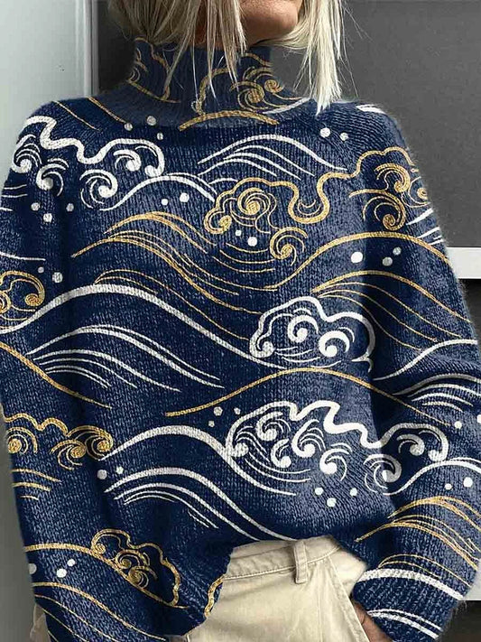 Women's Printed Knitted Turtleneck Pullover
