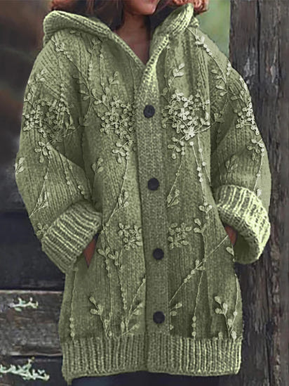 Classy Floral Lace Embroidered Knit Hooded Cardigan