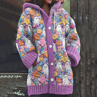 Vintage Rainbow Floral Ghost Embroidered Knit Hooded Cardigan
