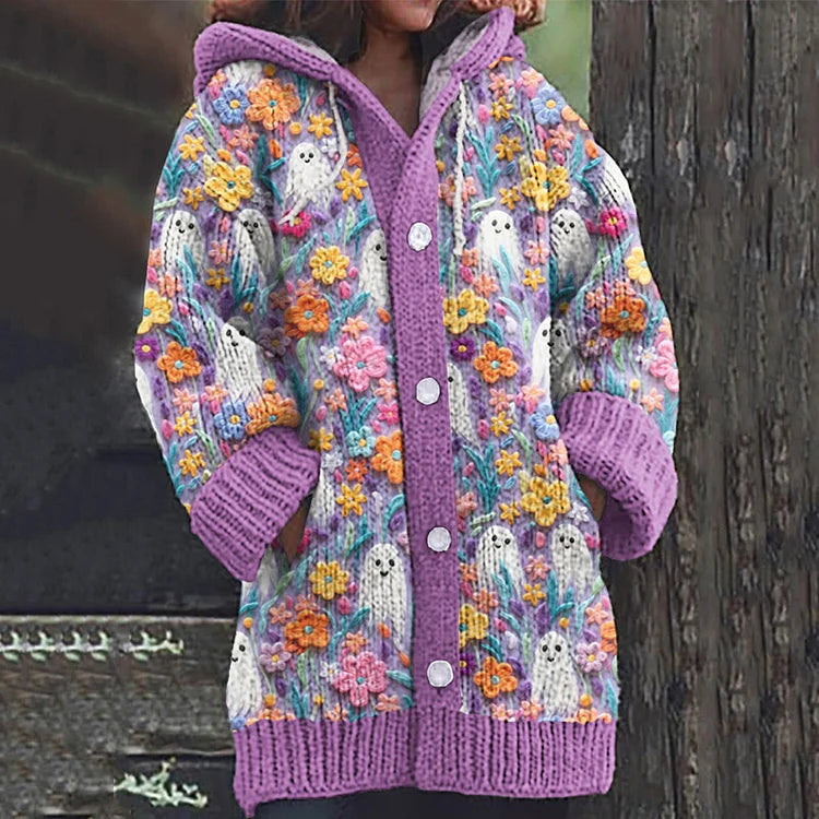Vintage Rainbow Floral Ghost Embroidered Knit Hooded Cardigan