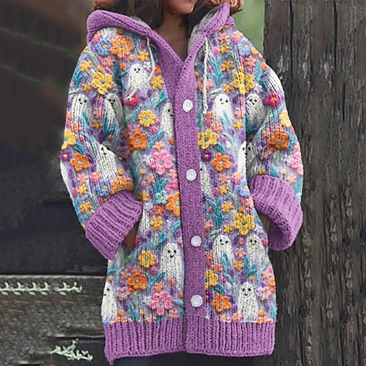 Vintage Rainbow Floral Ghost Embroidered Knit Hooded Cardigan