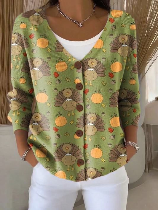 Thanksgiving Turkey Pumpkin Print Buttoned V-neck Cardigan Sweater