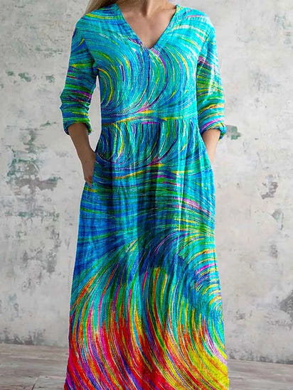 Women's Art Rainbow Print V-Neck Cotton and Linen Dress