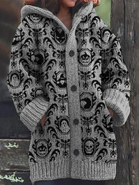 Halloween Elements Gothic Pattern Cozy Knit Hooded Cardigan