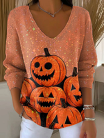 Women's Halloween Pumpkin Pattern Print Casual Pullover Sweater