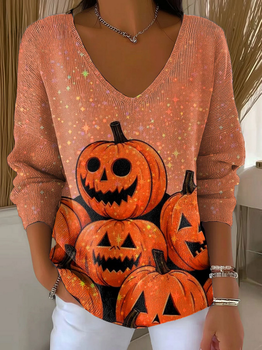 Women's Halloween Pumpkin Pattern Print Casual Pullover Sweater