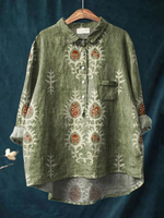 Women's Vintage Ethnic Floral Art Print Casual Cotton And Linen Shirt