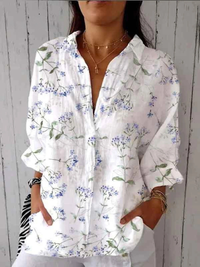 Women's Purple Floral Print Casual Linen V-neck Shirt