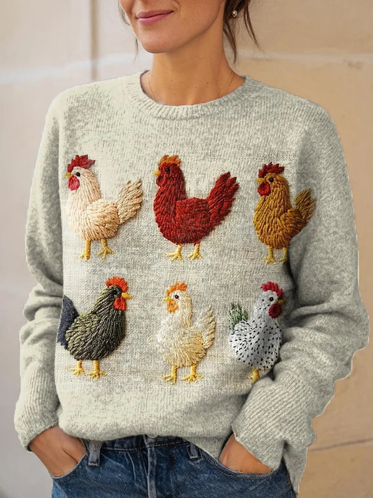 Women's Lovely Chicken Art Print Knit Pullover Sweater
