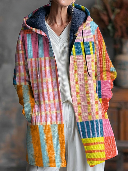Beautiful Colorful Striped Painting Art Print Unisex Plush Thick Long-Sleeved Sweater Cardigan Coat