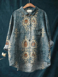 Women's Vintage Ethnic Floral Art Print Casual Cotton And Linen Shirt