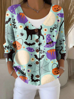 Halloween Cat Candy Print Buttoned V-neck Cardigan Sweater