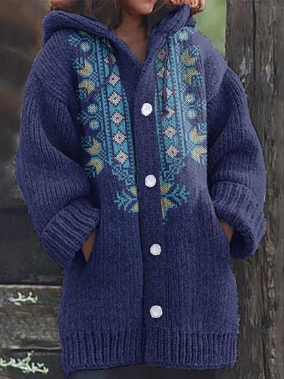 Vintage We Love Peace Embroidery Pattern Cozy Hooded Cardigan