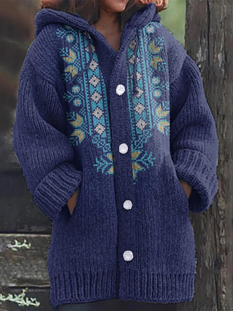 Vintage We Love Peace Embroidery Pattern Cozy Hooded Cardigan