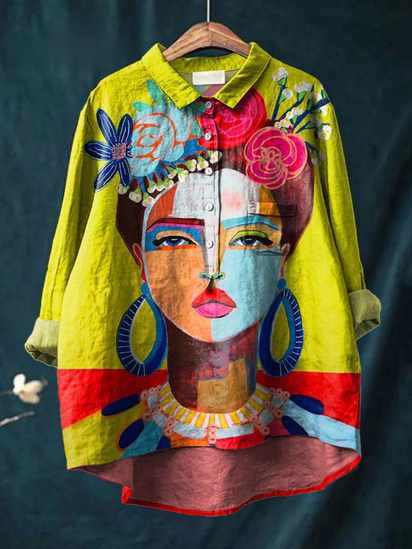 Oil Painting Freda Portrait Art Printed Women's Casual Cotton And Linen Shirt