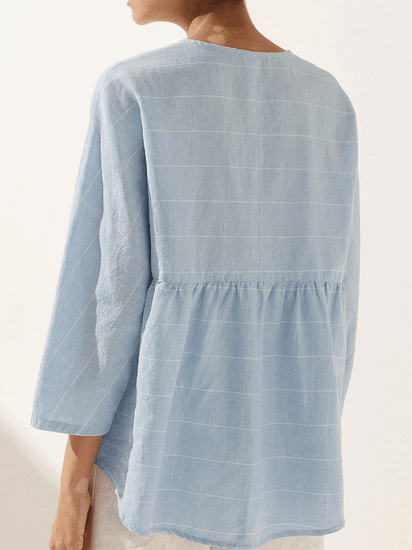 Women's Casual Checked Linen Classic Round Neck Button-Down Shirt