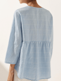 Women's Casual Checked Linen Classic Round Neck Button-Down Shirt