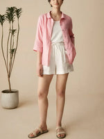 Women'S Linen Casual Peter Pan Collar 3/4 Sleeve Shirt