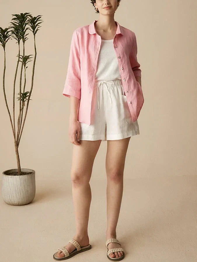 Women'S Linen Casual Peter Pan Collar 3/4 Sleeve Shirt