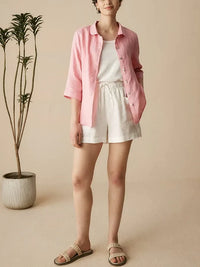 Women'S Linen Casual Peter Pan Collar 3/4 Sleeve Shirt