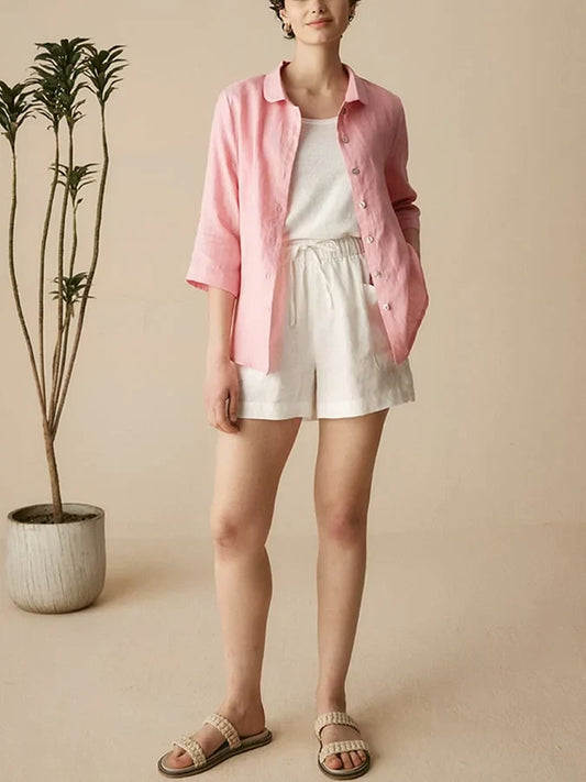 Women'S Linen Casual Peter Pan Collar 3/4 Sleeve Shirt