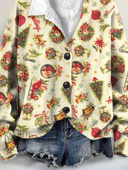 Vintage Christmas Art Print Buttoned V-neck Cardigan Sweater