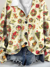 Vintage Christmas Art Print Buttoned V-neck Cardigan Sweater