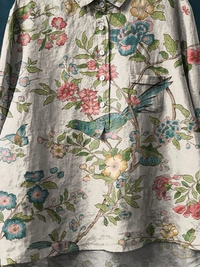 Women's Vintage Floral Birds Art Print Casual Cotton And Linen Shirt