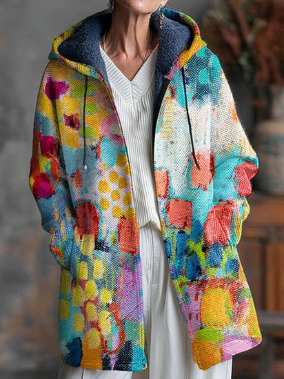 Abstract Multicolor Block Graffiti Painting Art Print Unisex Plush Thick Long-Sleeved Sweater Cardigan Coat