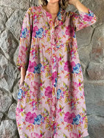 Women's Elegant Vintage Floral Print Shirt Style Cotton and Linen Dress