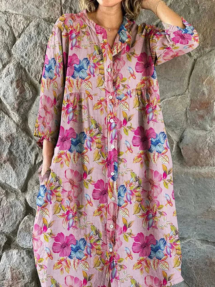 Women's Elegant Vintage Floral Print Shirt Style Cotton and Linen Dress